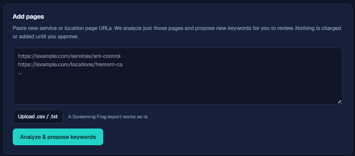 Add pages: paste service or location URLs to analyze